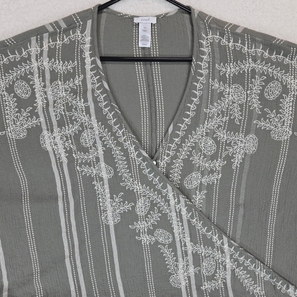 Pure Jill J. Jill Embroidered Wrap Top Womens S-L Olive Green Boho Lagenlook